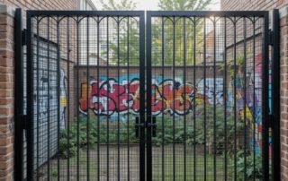 Vibrant Graffiti Adorns a Hidden Courtyard Behind a Black Metal Gate in an Urban Setting
